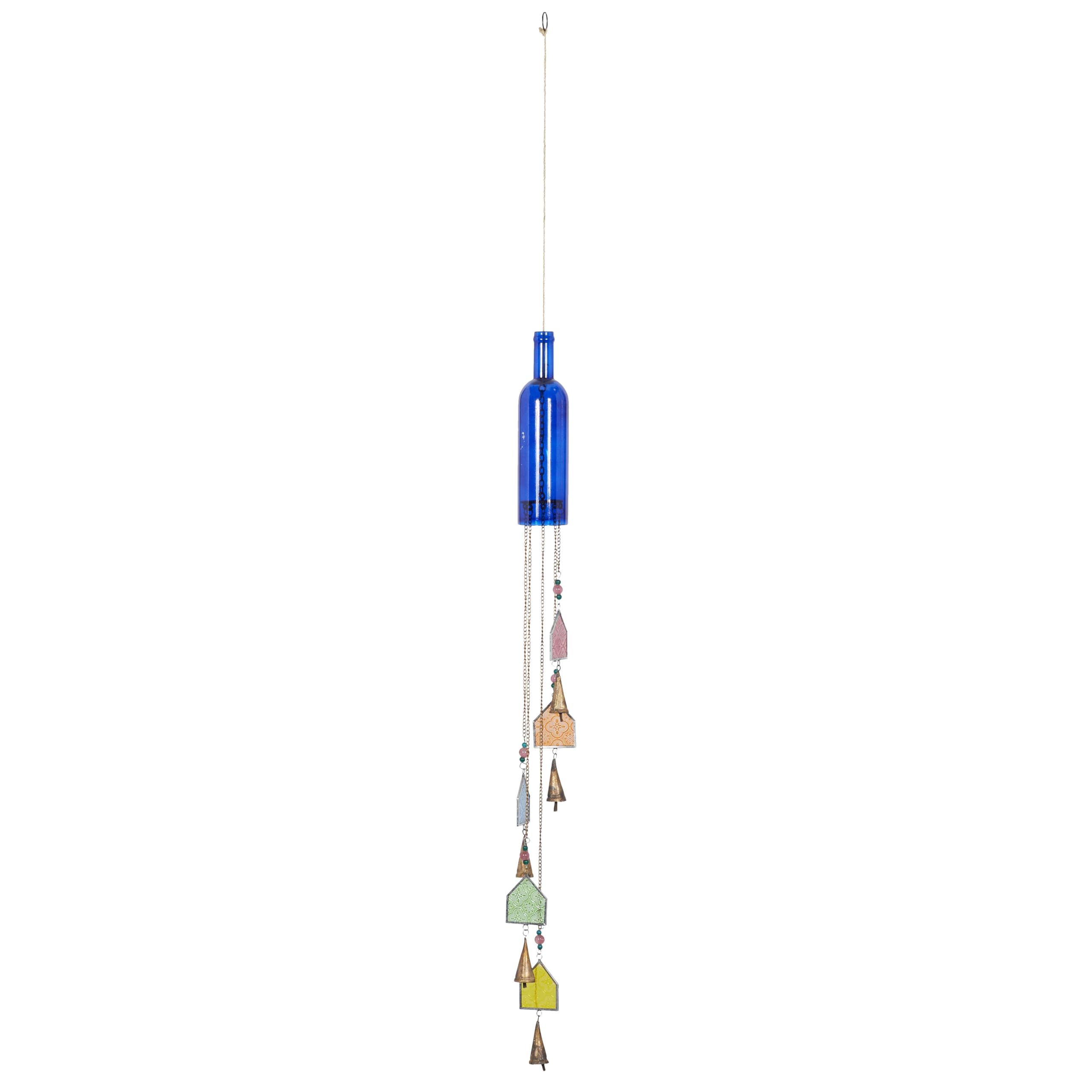 Deco 79 Glass Glass Bottle Windchime with Beads and Cone Bells, 3 x 3 x 41, Blue