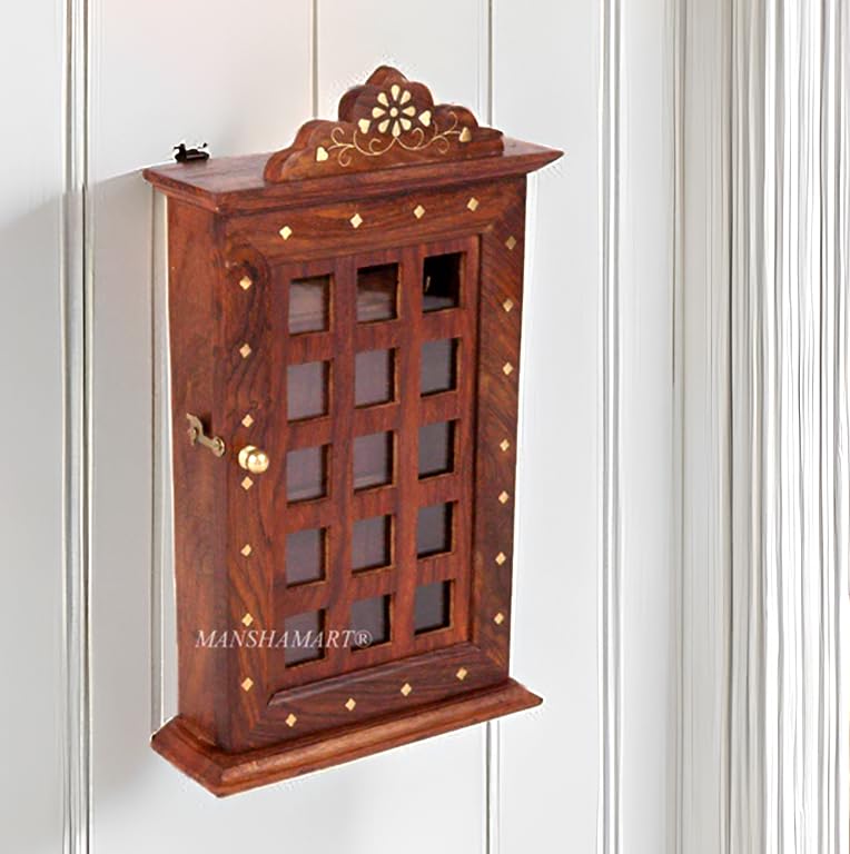 MANSHAMART Wall Hanging Wooden Key Holder Key Box Key Cabinet, Key Hooks Wall Mounted Key Hangers Wood Key Rack with 6 Key Hooks