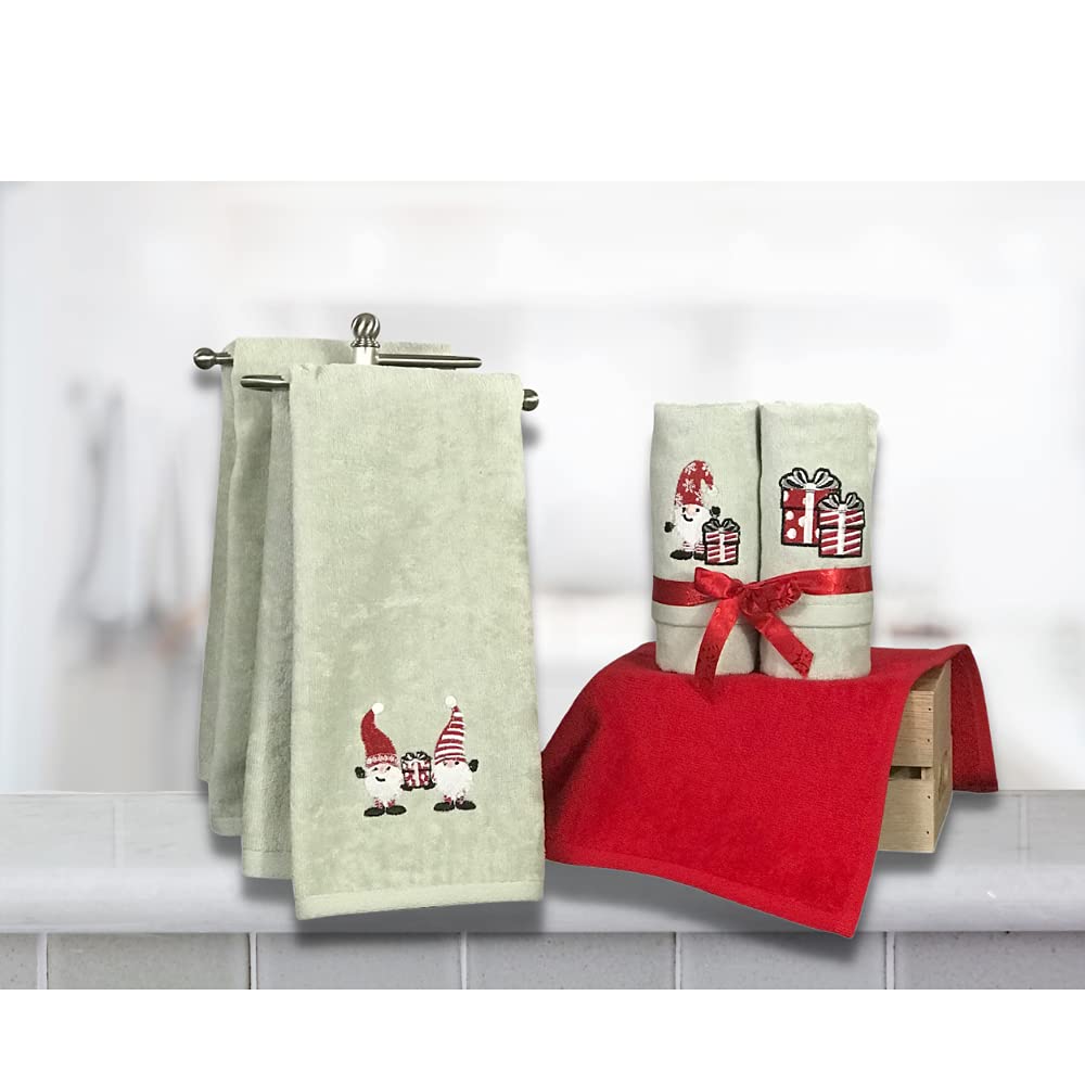 Christmas Fingertip Towel Set: Gnome Present Like Your Present, Grey Hand Towels With Red White Embroidery Jolly Gnome Present,