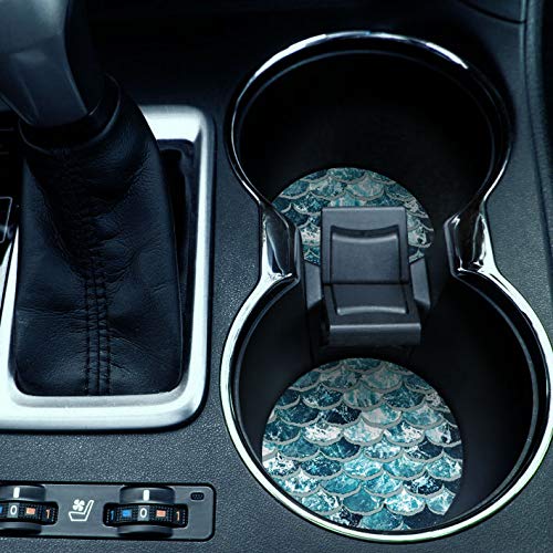 Caribou Coasters , Mermaid Scales Blue Wave Design Absorbent Round Fabric Felt Neoprene Car Coasters For Drinks, 2Pcs Set