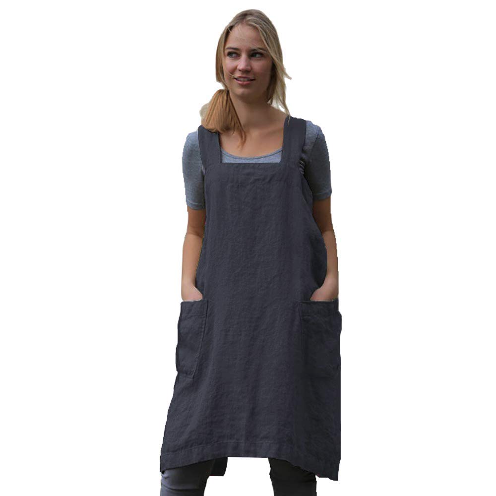 Women 'S Pinafore Square Apron Baking Cooking Gardening Works Cross Back Cotton/Linen Blend Dress With 2 Pockets Dark Gray-L