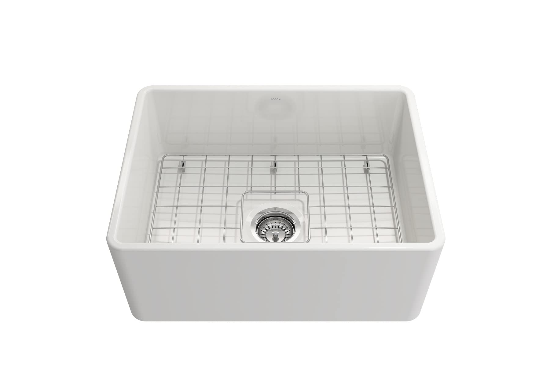 Bocchi Classico White Apron Front Fireclay 24 In. Single Bowl Kitchen Sink With Protective Bottom Grid, Strainer, And Chrome Fau