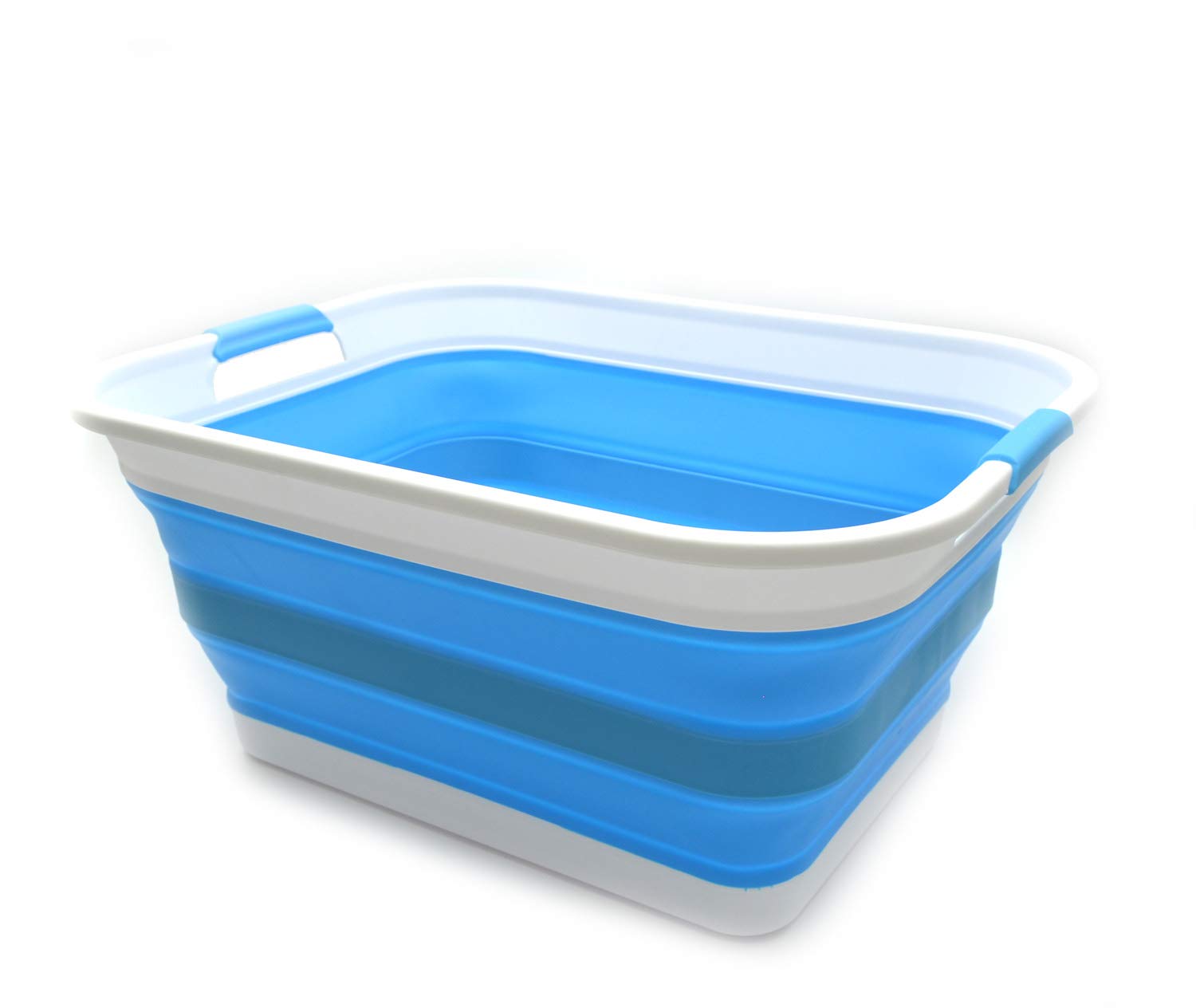 SAMMART 42L(11 gallon)Set of 2 Collapsible Plastic Laundry Basket-Foldable Pop Up Storage Container-Portable Washing Tub-Space Saving Water capacity 34L(9 gallon) (2 rectangular - stengthen  Sky Blue)