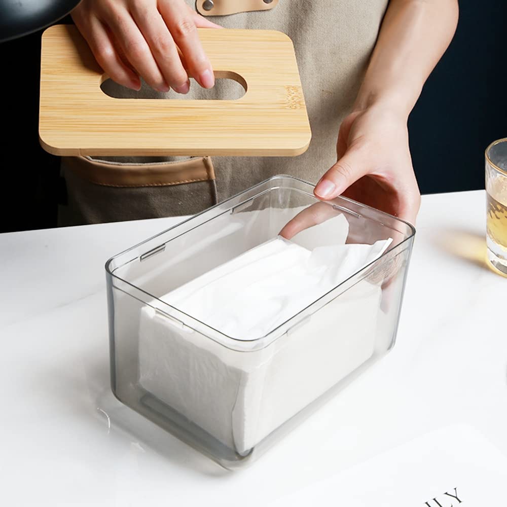 Tissue Holder, Dryer Sheet Dispenser Box With Bamboo Wood Lid, Transparent Container, Modern Minimalist Design. Tissue Organizer
