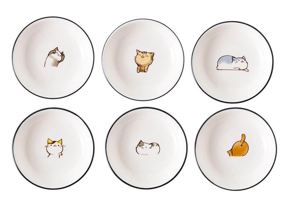 Fuyu 6Pcs Cute Cat Multipurpose Ceramic Sauce Dish Seasoning Dishes Sushi Dipping Bowl Appetizer Plates