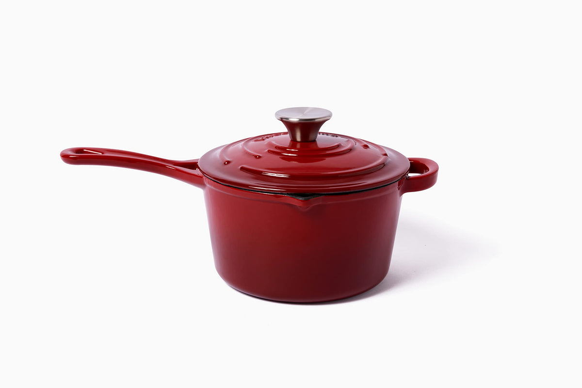 Larder & Vine 2.2 Quart Enameled Cast Iron Saucepan With Lid, Cast Iron Pan With Pour Spouts, Ergonomic Handle, Helper Handle, S