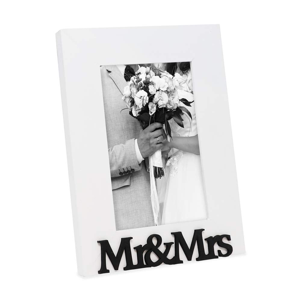Isaac Jacobs White Wood Sentiments Mr & Mrs    Picture Frame, 4x6 inch, Newlywed Photo Gift for Wedding, Display on Tabletop, De