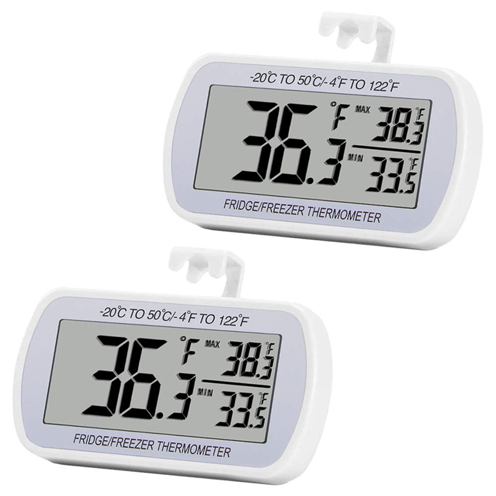 Digital Refrigerator Thermometer 2 Pack Fridge Freezer Room Thermometer Waterproof Large LCD Display Max/Min Record Function, White