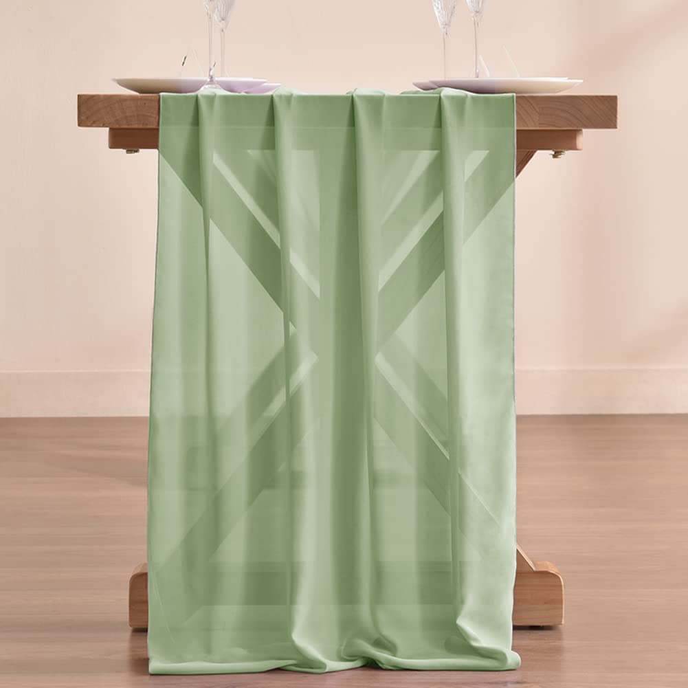 Socomi 10Ft Sage Green Chiffon Table Runner 29X120 Inches Wedding Runner Sheer Thanksgiving Christmas Bridal Shower Decorations