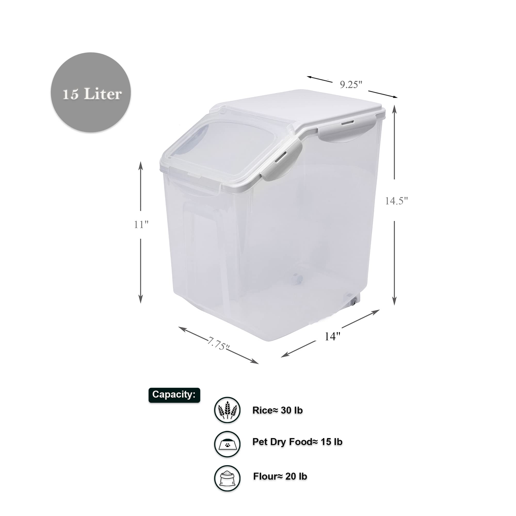 Hanamya 15 Liter / 30 Lbs Rice Storage Container With Measuring Cup, Bpa Free, For Rice | Grain | Pet Food | Flour, 2 Counts, Cl