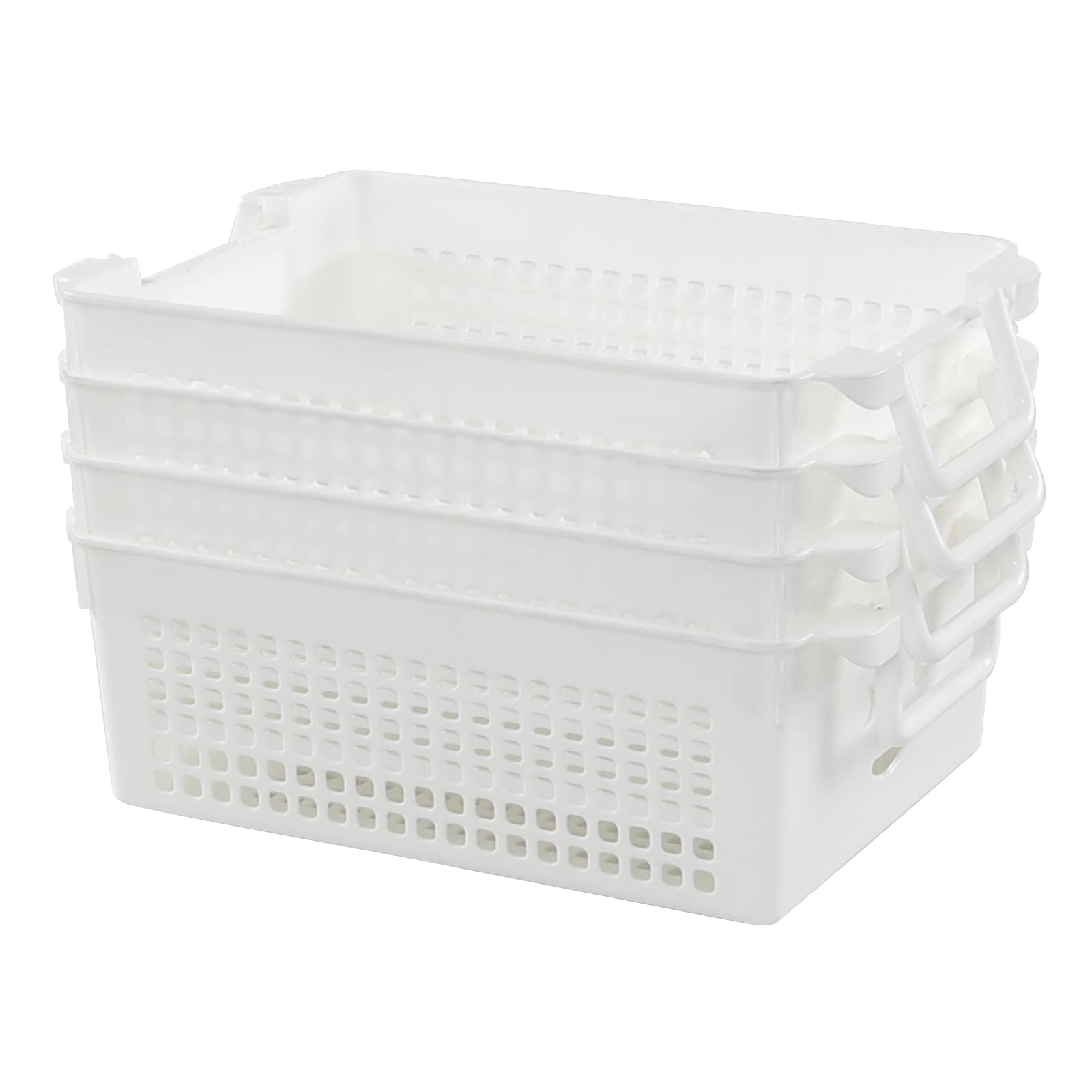 Saedy 4 Packs Plastic Stackable Organizer Baskets with Handle, White