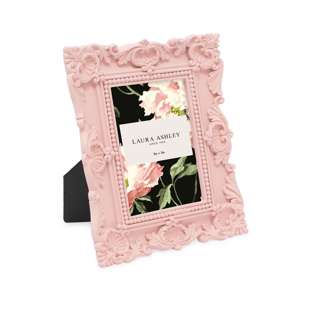 Laura Ashley 2x3 Pink Ornate Textured Hand-Crafted Resin Picture Frame with Easel, for Tabletop & Wall Display, Decorative Flora