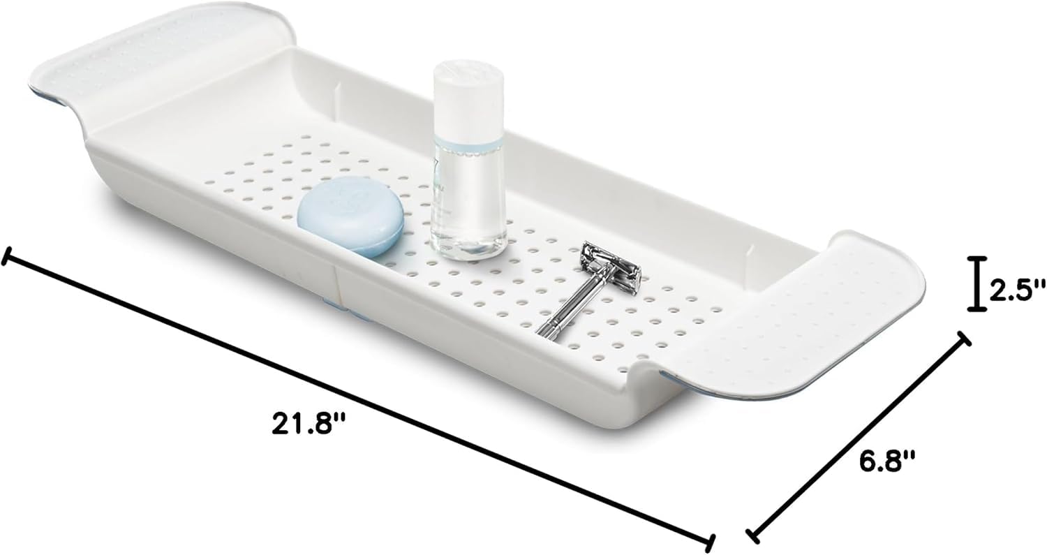 Madesmart Expandable Bath Tray For Bathtubs, Plastic Shower And Bath Shelf Caddy, White, Multifunctional Bathtub Bathroom Organi