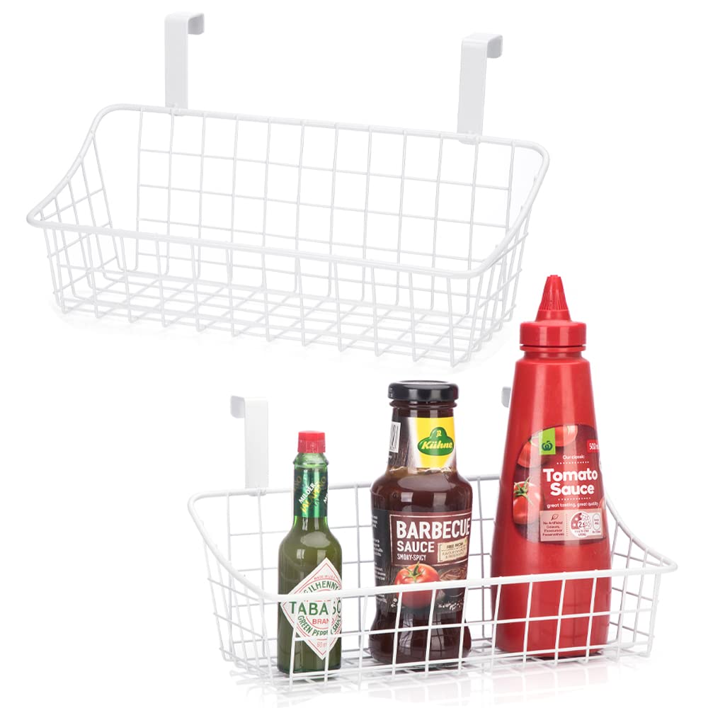 LeleCAT White Basket with hook Grid Storage Basket,Hang it behind a door or on a railing,Over the Cabinet Door,2 Pack