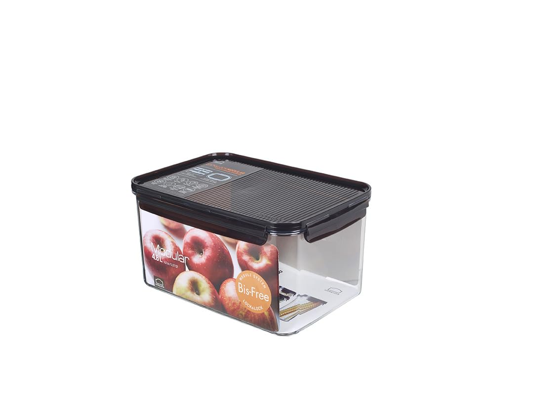 Lock & Lock Bisfree Modular Food Storage Container, Rectangular Shape, 4.8L Capacity, Black Lid With Clear Base, Model Lbf408
