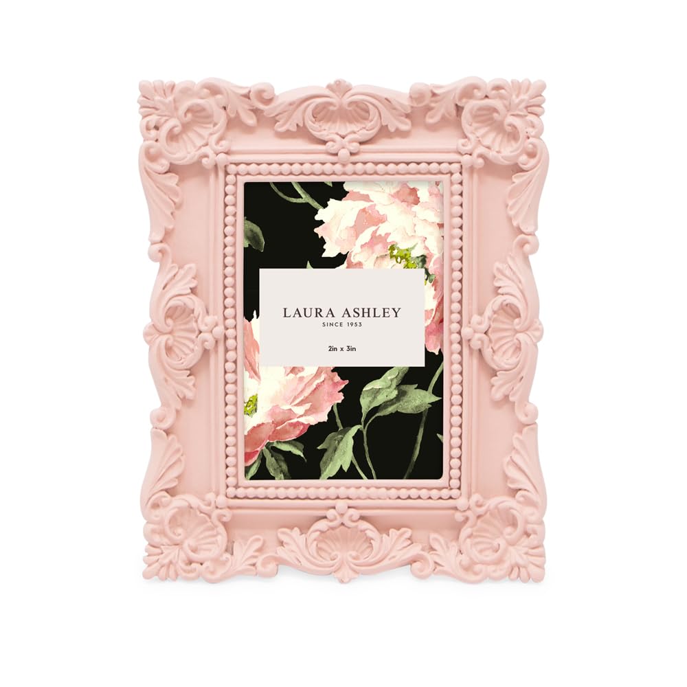 Laura Ashley 2x3 Pink Ornate Textured Hand-Crafted Resin Picture Frame with Easel, for Tabletop & Wall Display, Decorative Flora