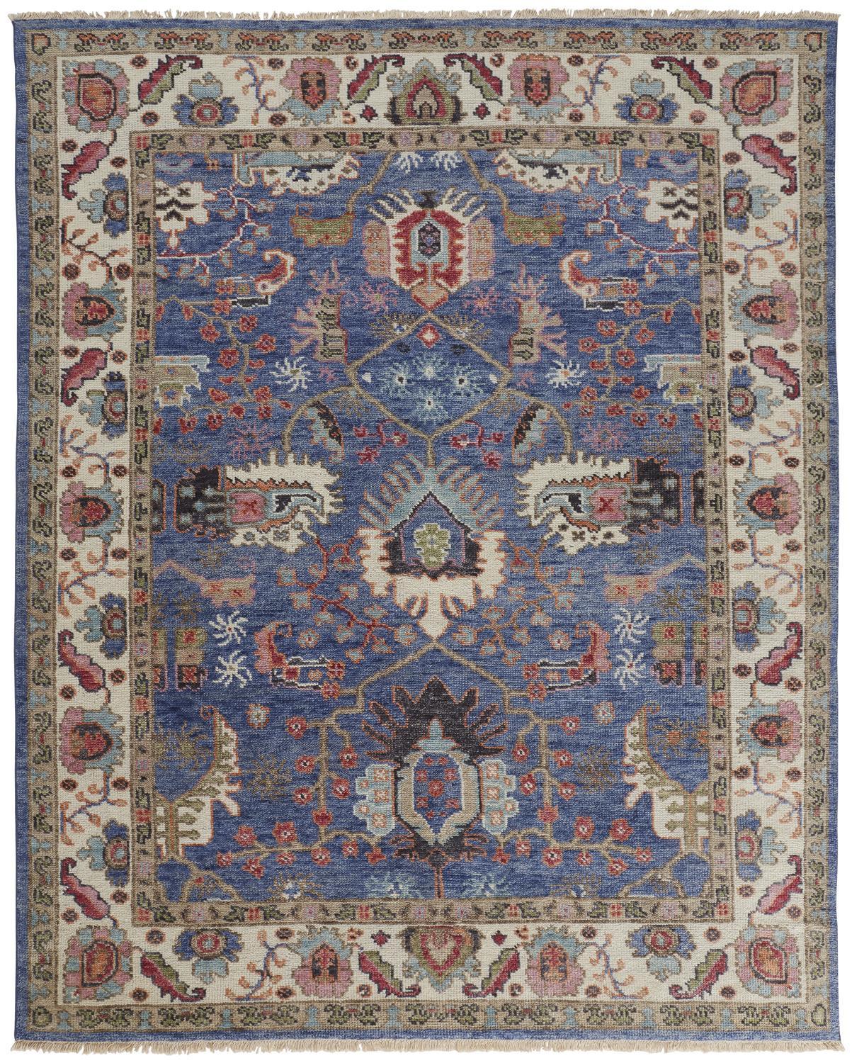 5 X 8 Blue And Red Wool Floral Hand Knotted Stain Resistant Area Rug