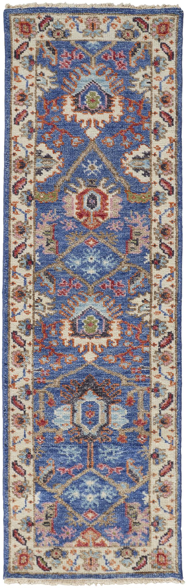 8 Blue And Red Wool Floral Hand Knotted Stain Resistant Runner Rug