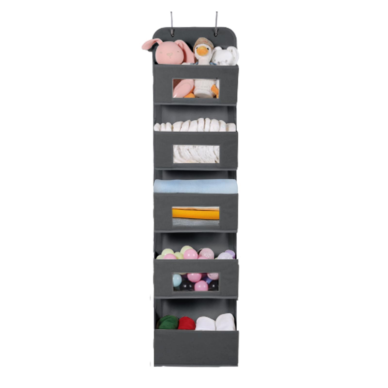 5-Shelf Over The Door Hanging Organizer With 2 Metal Hooks,5 Pocket Over The Door Wall Mount Storage With Clear Windows For Baby