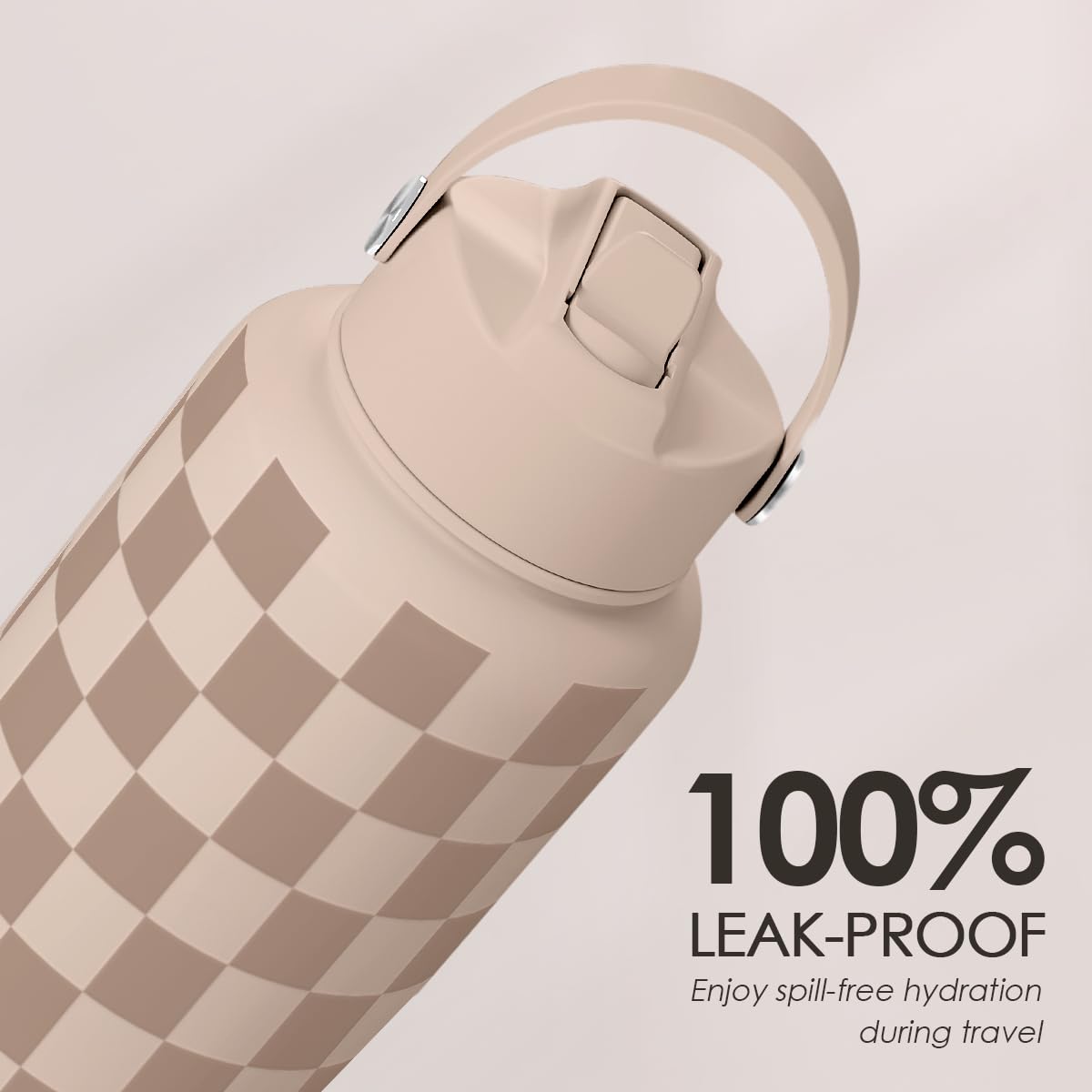 Checkerboard Water Bottle 32oz Stainless Steel with Lid & Straw, Beige Checker Insulated Bottles for Women Girls, Gift Idea for