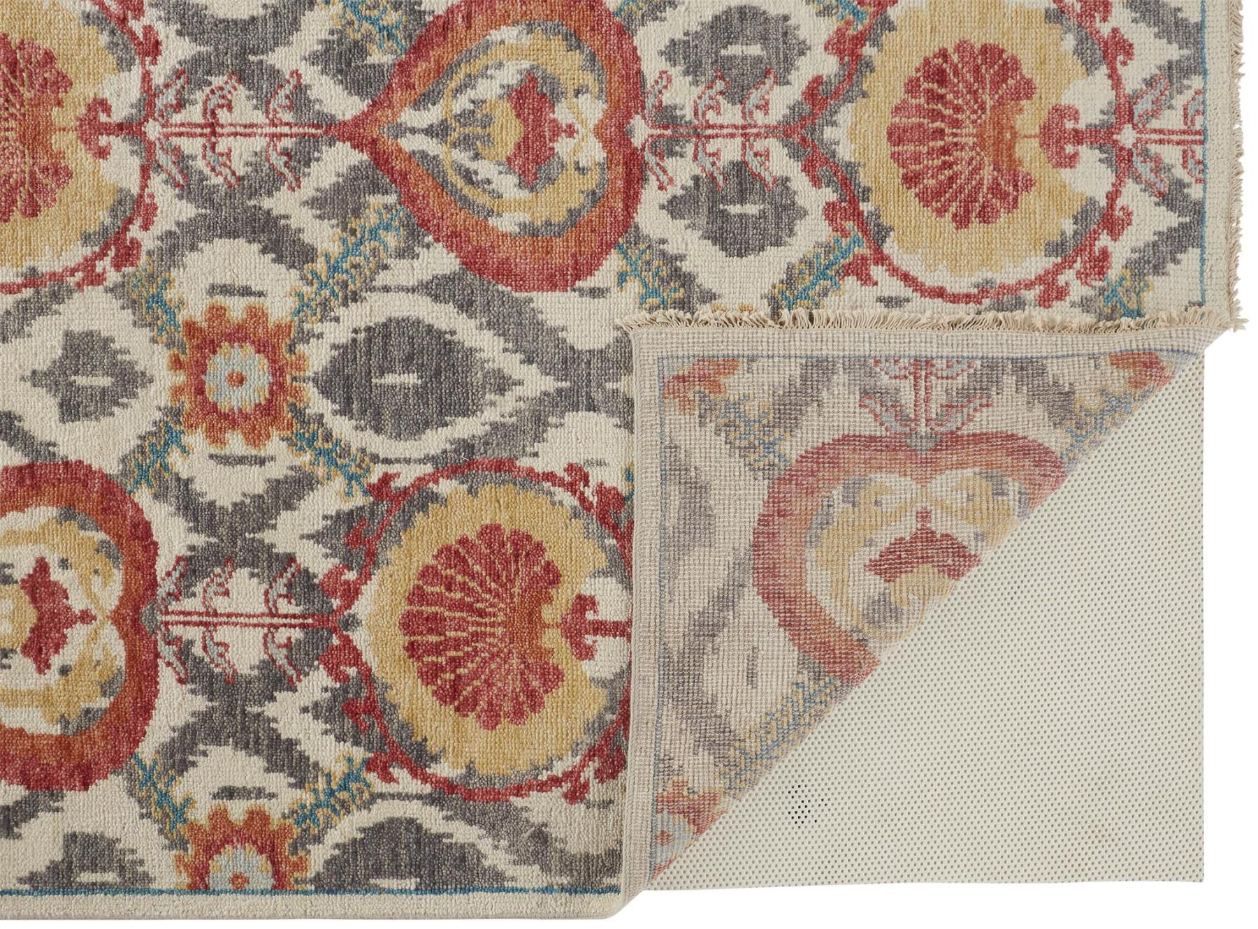 2 X 3 Orange And gray Wool Floral Hand Knotted Stain Resistant Area Rug