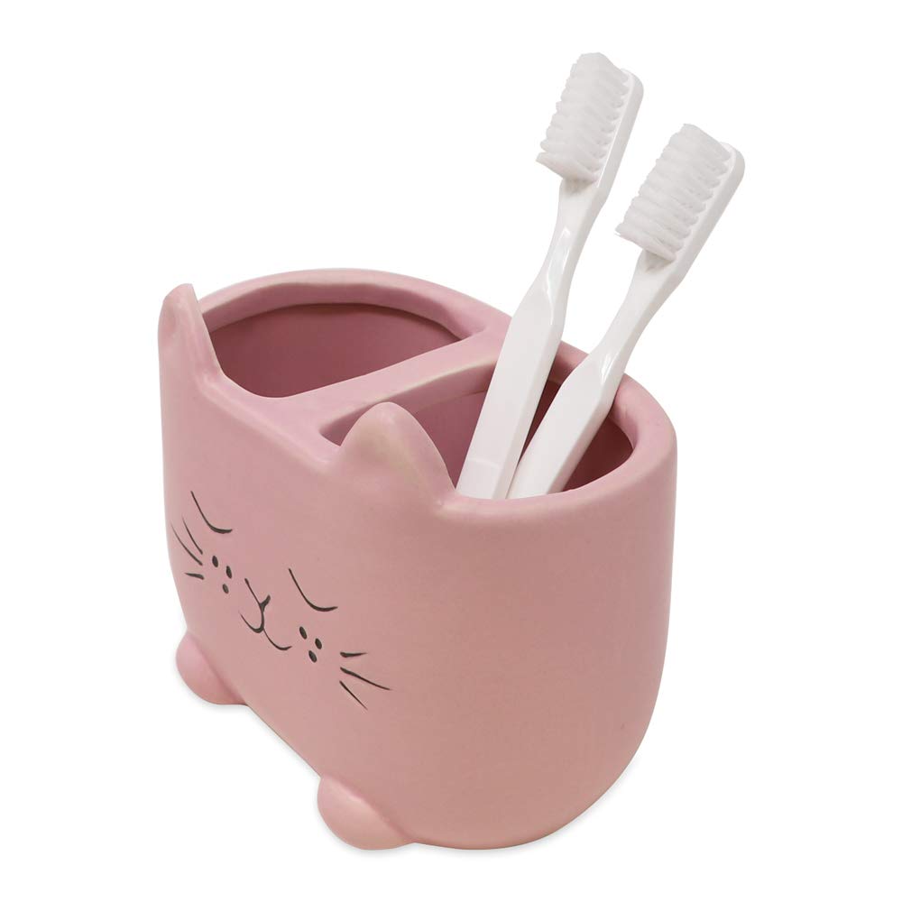 Isaac Jacobs Pink Ceramic Cat Makeup Brush Holder  Multi-Purpose 2-Section Organizer. Bathroom  Kitchen  Bedroom  Office D?or (2-Section Cup  Pastel Pink)