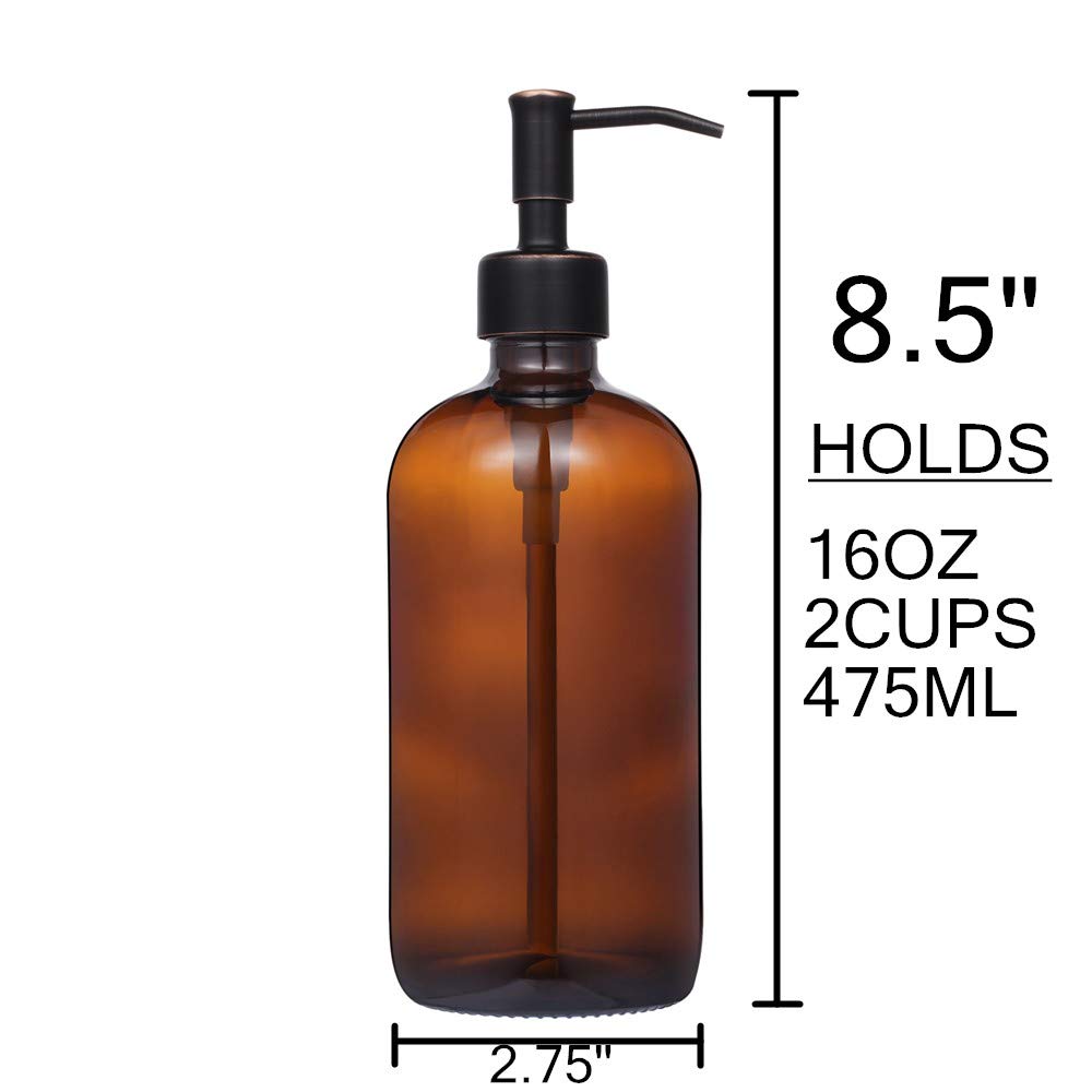 2 Pack Thick Amber Glass Pint Jar Soap Dispenser With Oil Rubbed Bronze Stainless Steel Pump, 16Ounce Boston Round Bottles Dispe
