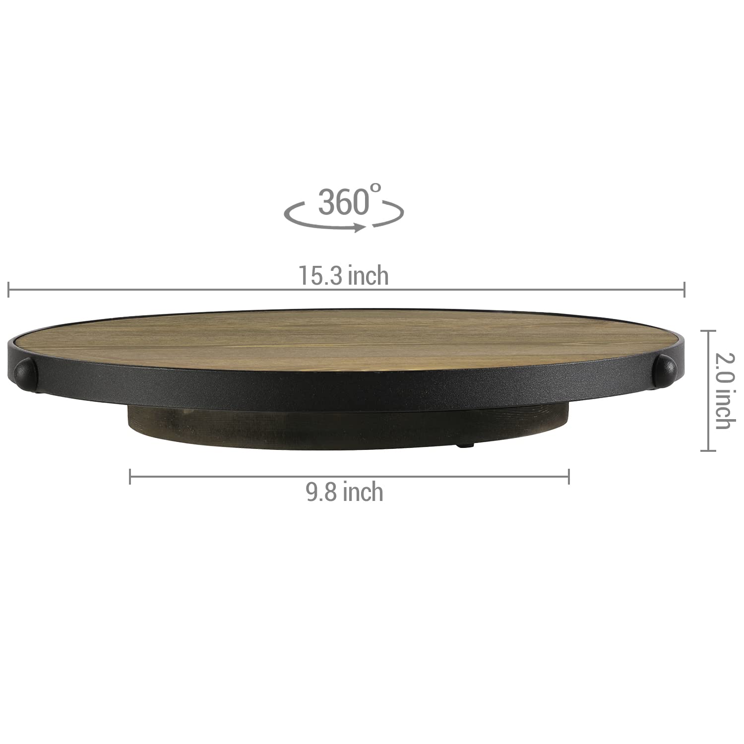 Mygift 15 Inch Large Lazy Susan Turntable Tray With Rustic Burnt Wood Finish And Black Metal Rim, Tabletop Dining Table Condimen