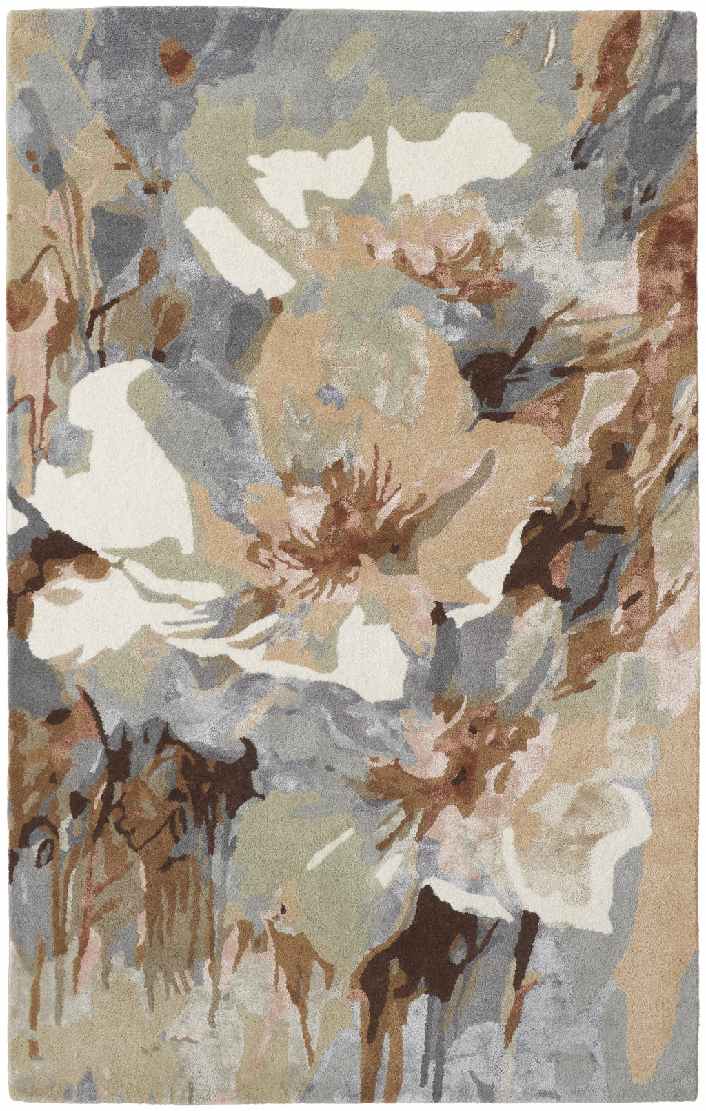 9 X 12 Tan gray And green Wool Floral Tufted Handmade Area Rug