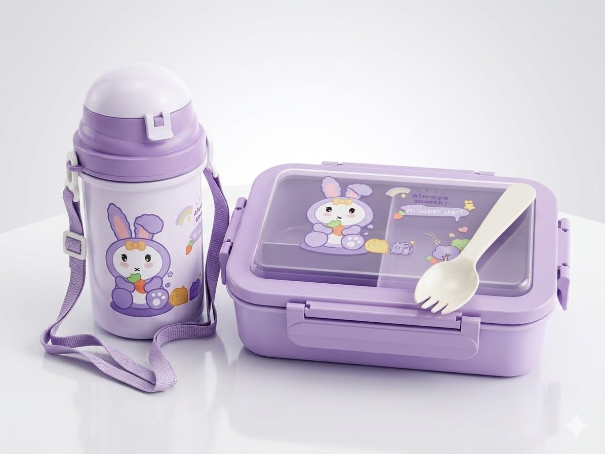 Aastik Sales Kids Lunch Box & Water Bottle Set | Cute Bunny Design Bento Lunch Box With Bottle | Leakproof Tiffin Set For School