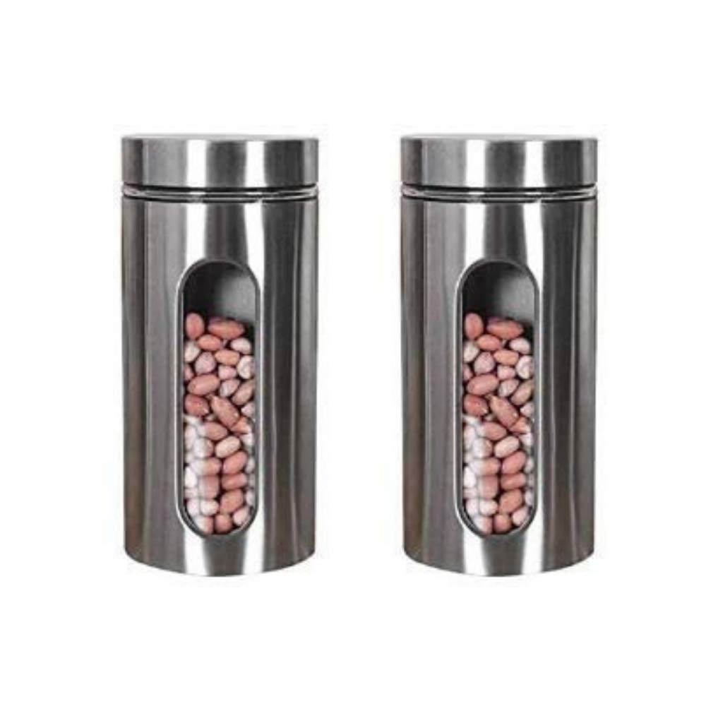 Home Stuffs Clear Glass Steel Window Jars For Kitchen Storage Food Spices Canister Set (2, 850Ml)