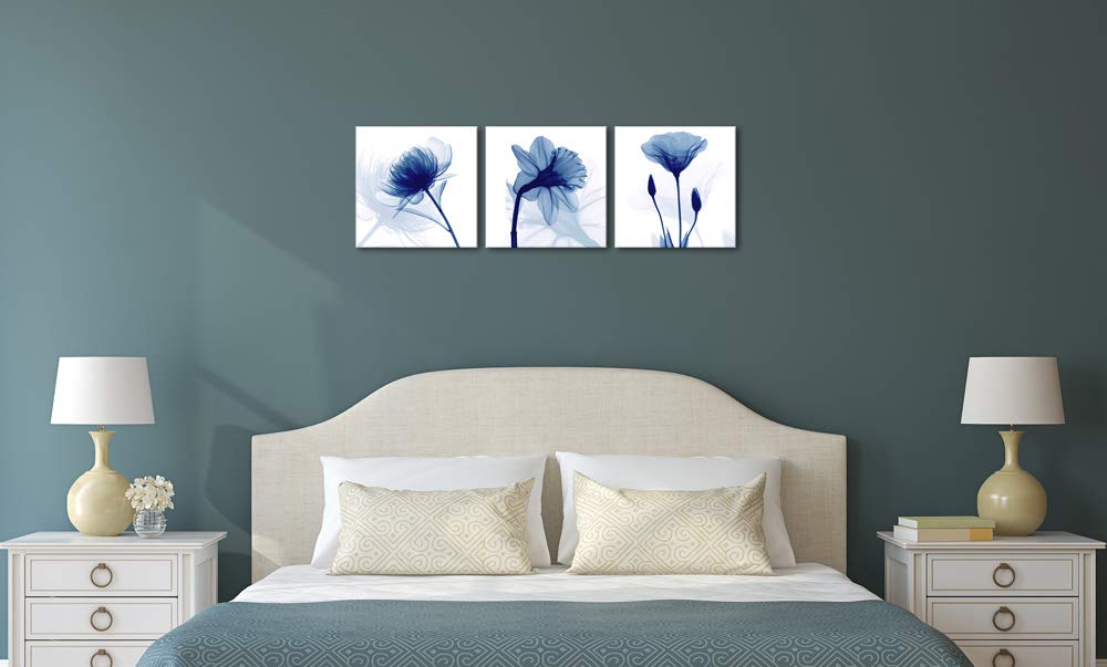 Wieco Art Blue Abstract Flowers 3 Panels Giclee Canvas Prints Wall Art Modern Pictures Artwork For Living Room Bedroom And Home