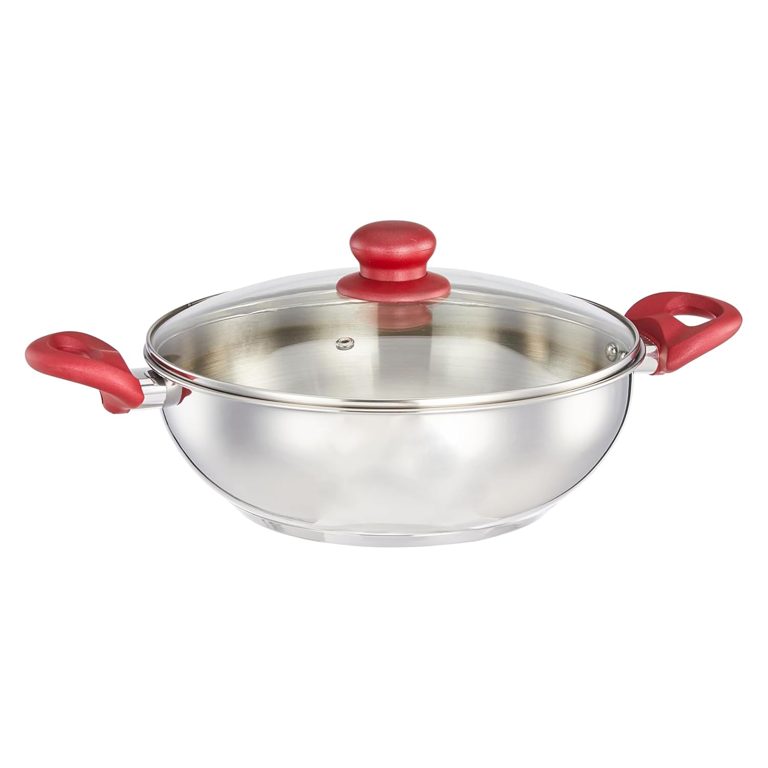 Amazon Brand - Solimo Stainless Steel Impact Bottom Kadhai With Glass Lid (26 Cm) | Gas Stove And Induction Compatible | Ergonom