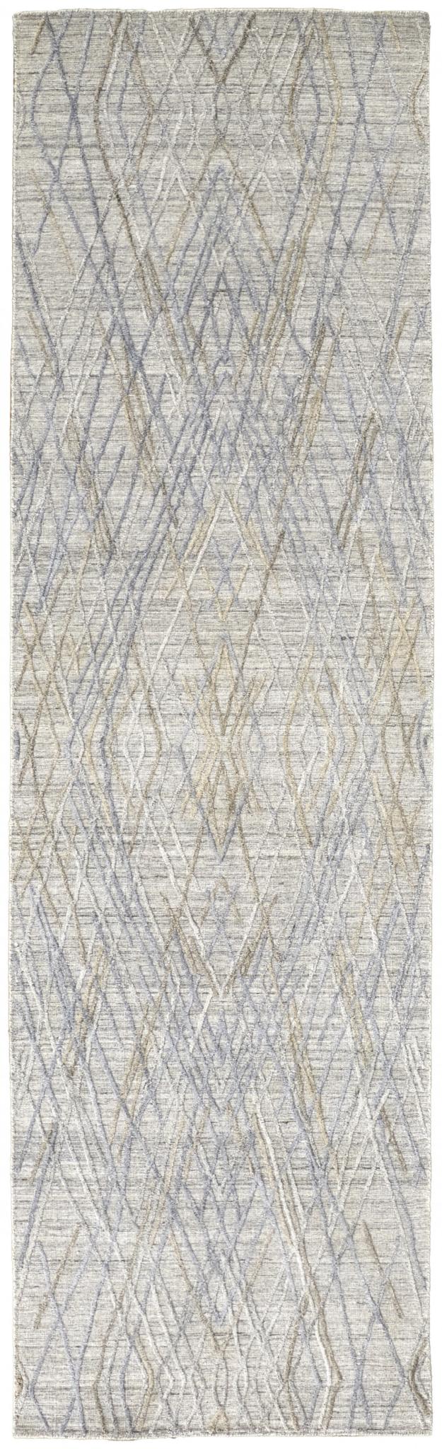 8 gray And Blue Abstract Hand Woven Runner Rug