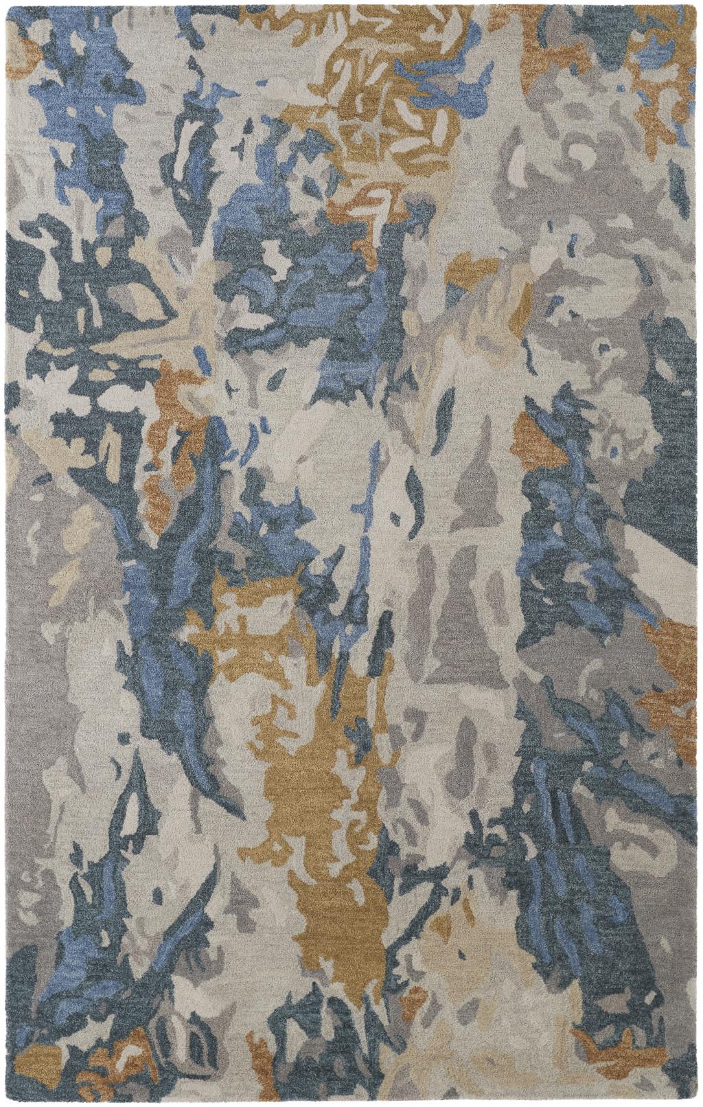 8 X 10 gray Blue And gold Wool Abstract Tufted Handmade Stain Resistant Area Rug