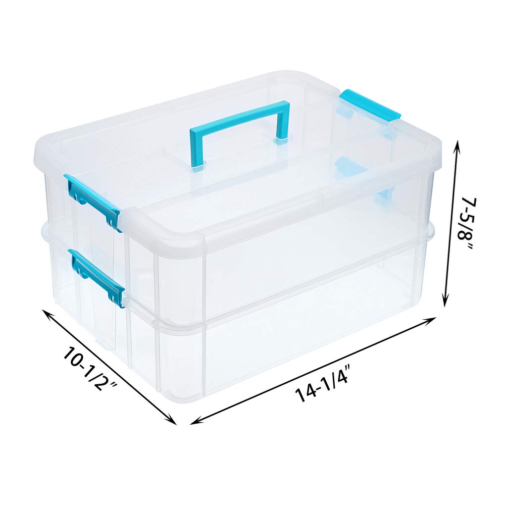 Juxyes 2-Tiers Stack Carry Storage Box With Handle, Transparent Stackable Storage Bin With Handle Lid Latching Storage Container