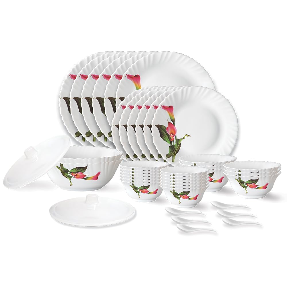 Larah By Borosil Stargazer Fluted Series Opalware Dinner Set | 40 Pieces For Family Of 6 | Microwave & Dishwasher Safe | BoneAs