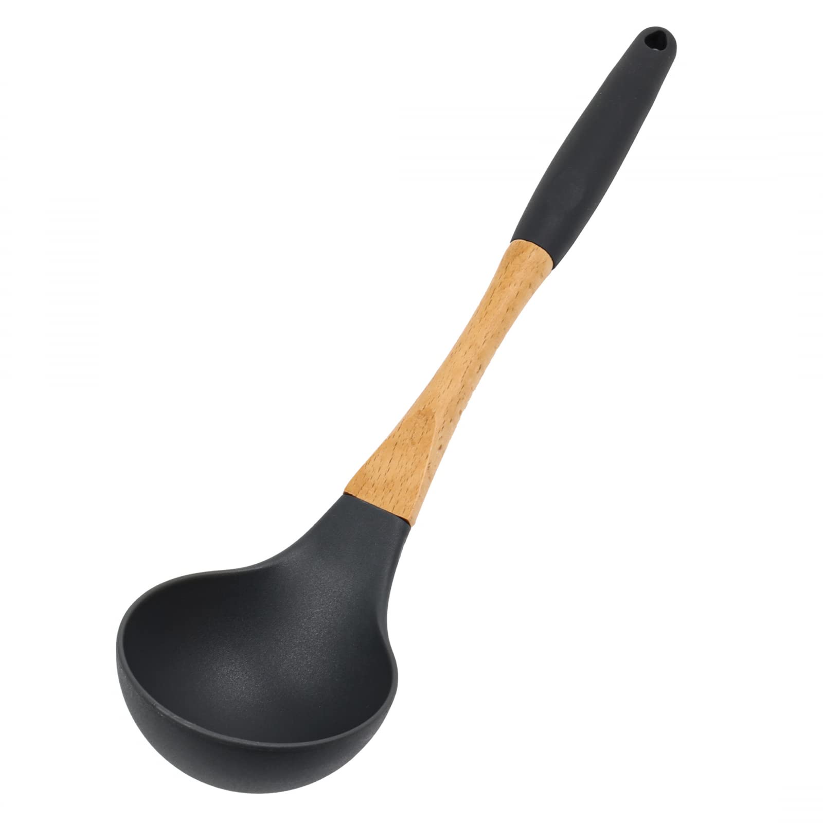 Beille Grey Nylon Ladle with Soft Grip Ergonomic Wooden Handle Kitchen Utensils, 13 Inch