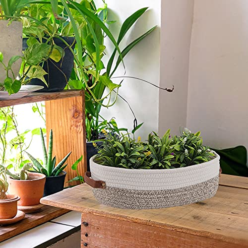 Oradrem Woven Storage Basket for Toilet Tank Top Farmhouse Home Decor Organizing Basket for Bathroom Table and Counter 13''x5.9''x4'' Apricot Stitching White