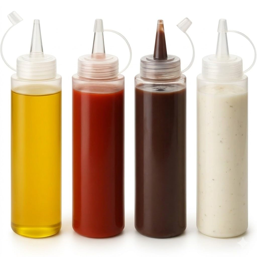 Daome Plastic Squeeze Bottle Ketchup Mustard Honey Oil Sauce Dispenser Bottle, White, 400Ml (4 Pcs) (4)