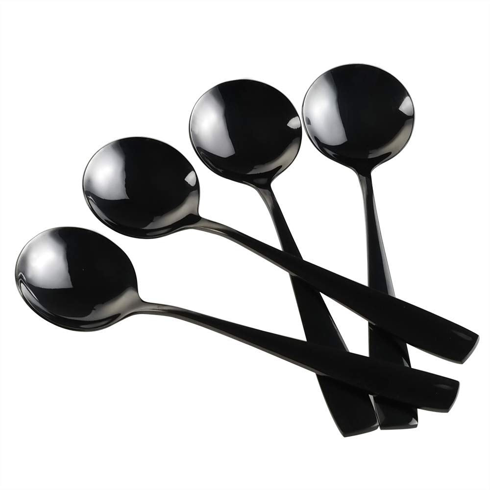 Teyyvn 16-Piece Round Soup Spoons, Black Stainless Steel Bouillon Spoon