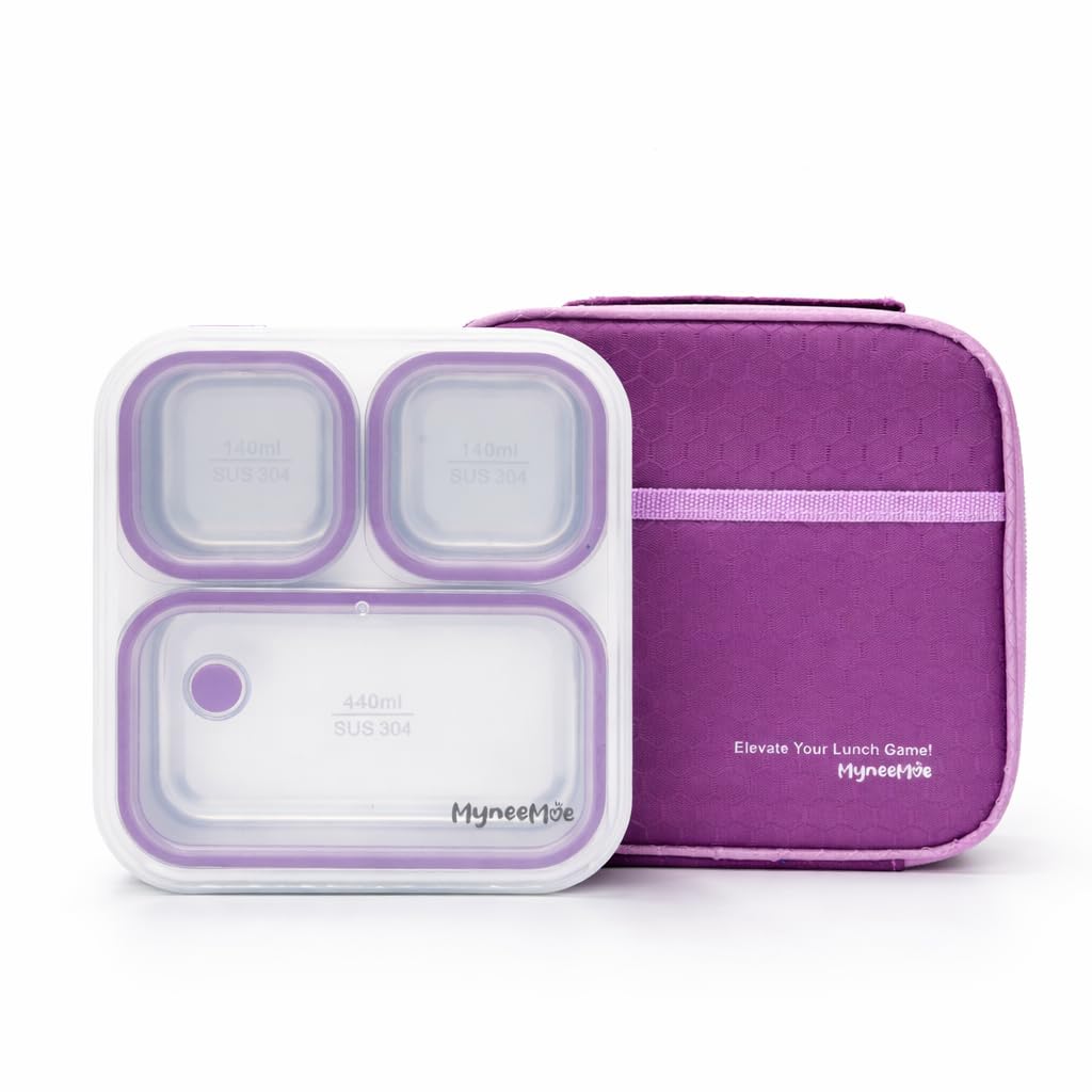 Myneemoe Meal Station Stainless Steel Lunch Box For Kids With Lunch Bag | 3 Compartment Leak Resistant School Tiffin Box | Compa