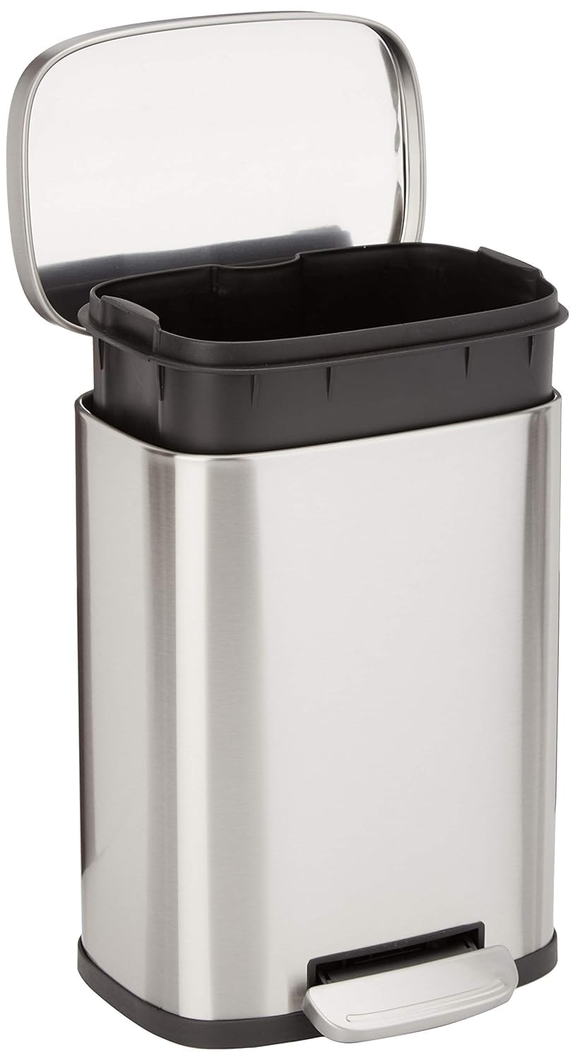 Amazon Basics Smudge Resistant Mini Rectangular Trash Can With Soft-Close Foot Pedal, Brushed Stainless Steel, for Bathroom & sm