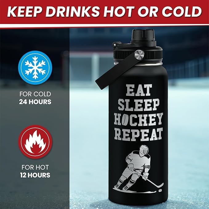 Ice Hockey Insulated Engraved Stainless Steel Water Bottle 32oz, Vacuum Chug Lid Travel Tumbler For Men Friends Hockey Lovers Fa
