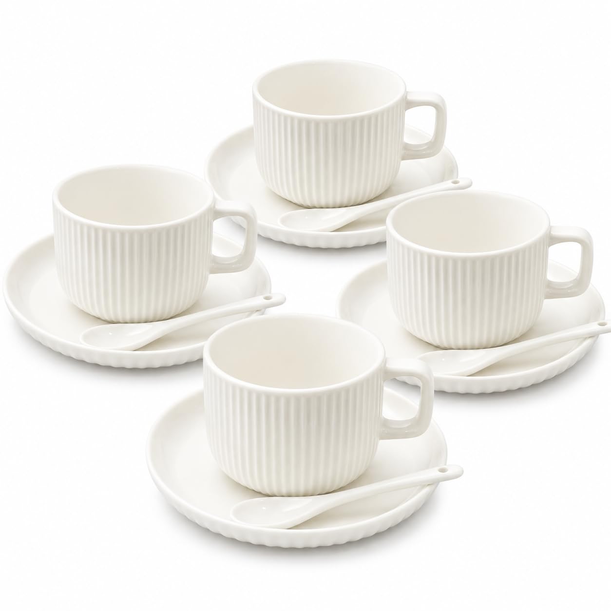 zhydrl White Ceramic Coffee Cups Set of 4 with Saucers and Spoons