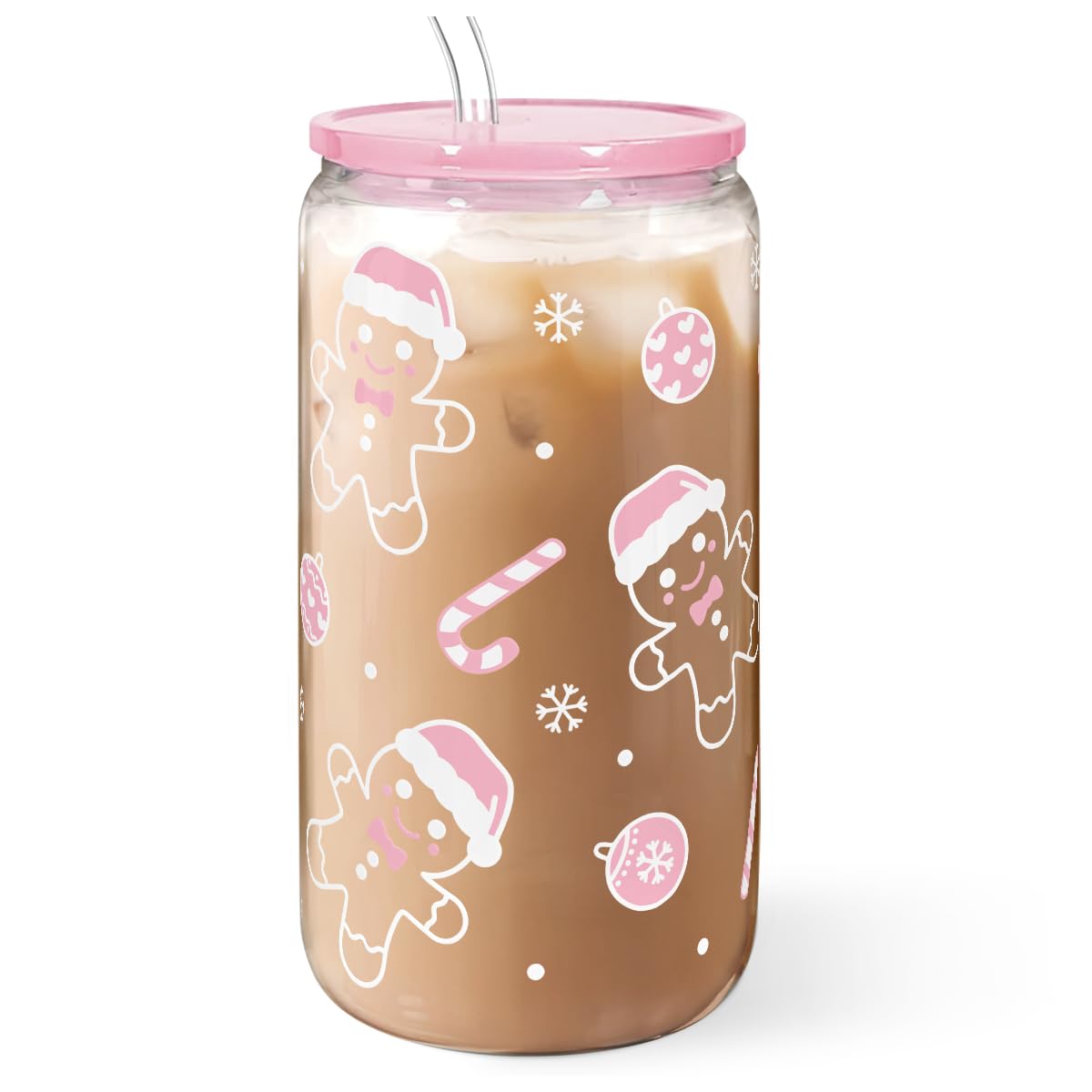 Christmas Gingerbread 16oz Can Glass Tumbler with Acrylic Lid & Straw, Iced Coffee Cup for Women Girls, Aesthetic Cups Gifts for