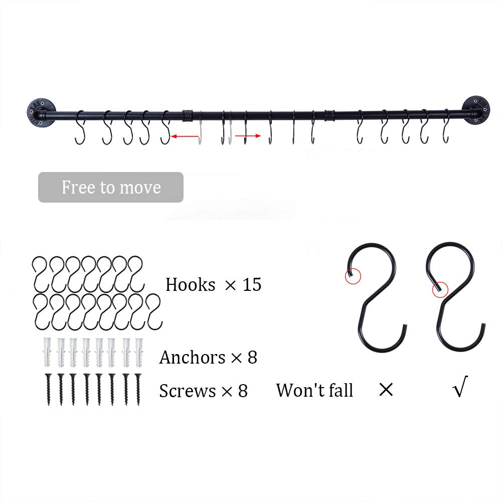 WuGeShop 50.4" Wall-Mounted Pot Rack, Black Metal Hanging Rail with 15 S Hooks, Extra Long Kitchen Organizer