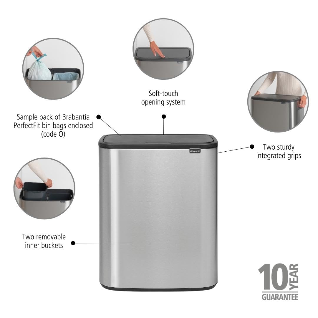 Brabantia Bo Touch Bin Recycling  2 x 30L  2 Inner Buckets (2x30L)  Matt Steel Fingerprint Proof