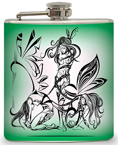 Hip Flask Gift Set with Refill Funnel and 2 Stainless Steel Shot Glasses  Fairy in Tribal Design  Green Wrapped Vinyl Finish 