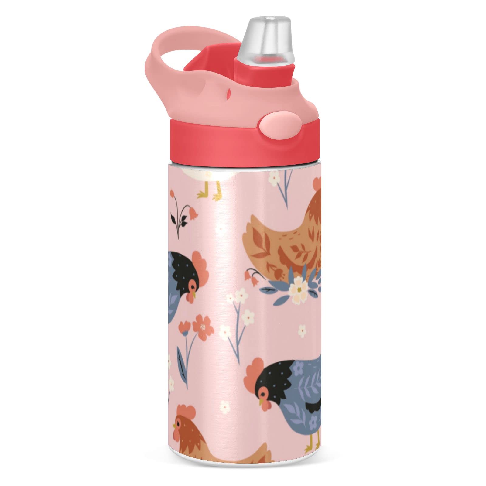 Kigai Cute Chickens And Flowers Kids Water Bottle, Vacuum Insulated Stainless Steel, Double Walled Leakproof Tumbler Travel Cup